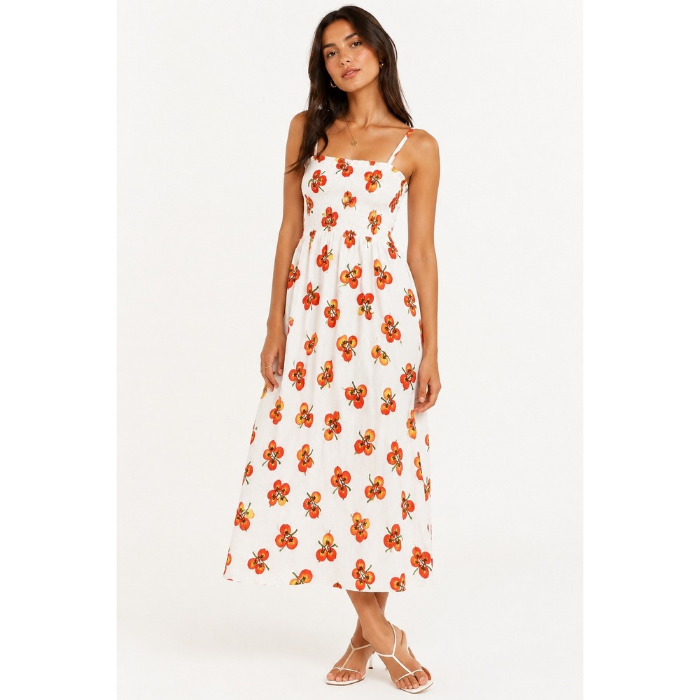 Market & Spruce Alana Poplin Dress White Tomato Print Smocked Midi L NEW
